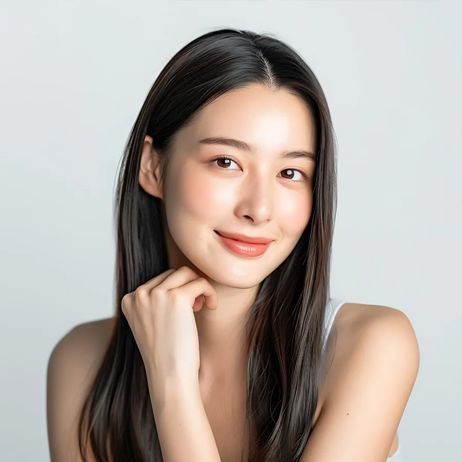 photo of Japanese beauty model her thirty long straight hair fair skin tone smiling while touching her chin one hand She no makeup her face...